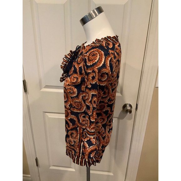 Tory Burch Blue & Orange Paisley Tunic w/Ruffle & Tassel Tie Neck Top, Size 0 - Picture 4 of 6
